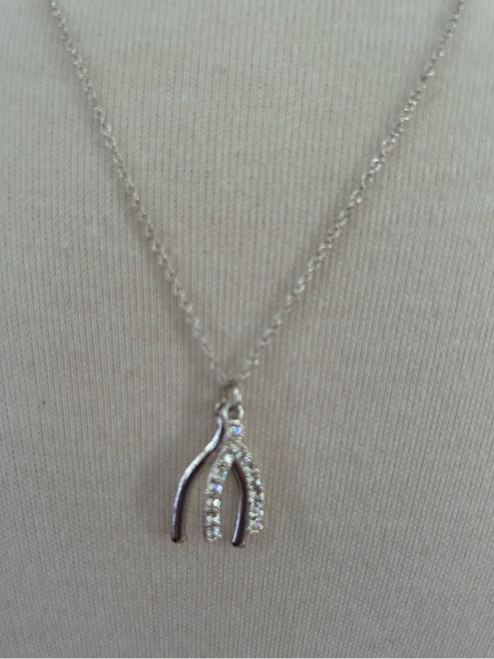 Silver Tone Wishbone Pendant Necklace with Rhinestones